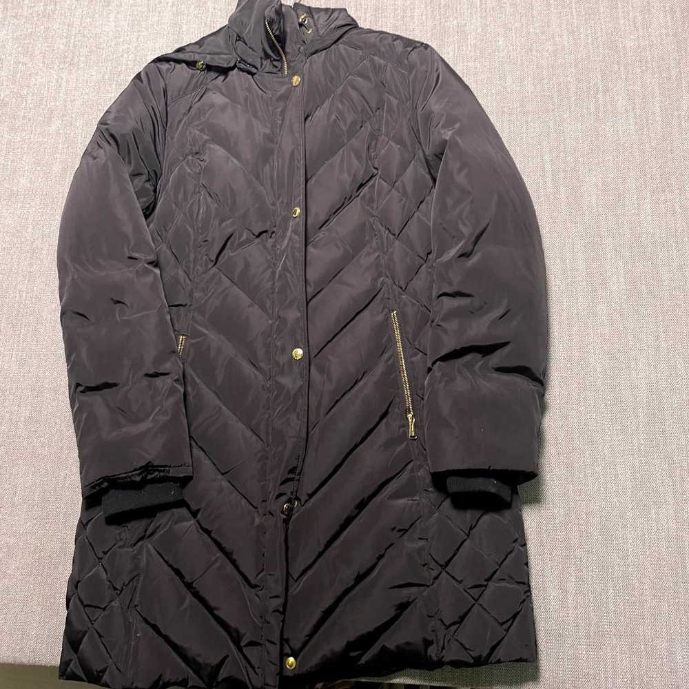 Michael Kors Puffer Coat Womens Medium Black Down Snap Front Hooded Insulated